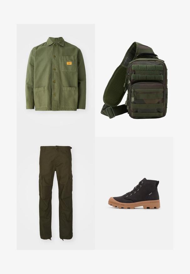 Veste verte olive en coton épais, avec un col pointu, des boutons à l'avant et deux grandes poches plaquées. Comprend un petit patch avec un logo.; Pantalons cargo vert olive en tissu durable, avec une fermeture à bouton, plusieurs poches latérales et des poignets élastiques aux chevilles.; Bottes de cheville en toile noire avec semelles en caoutchouc marron, dotées d'œillets en métal, d'un design à lacets et d'une surface texturée.; Sac à dos en bandoulière camouflage vert avec plusieurs poches zippées, une sangle réglable et un panneau arrière en mesh pour la ventilation.