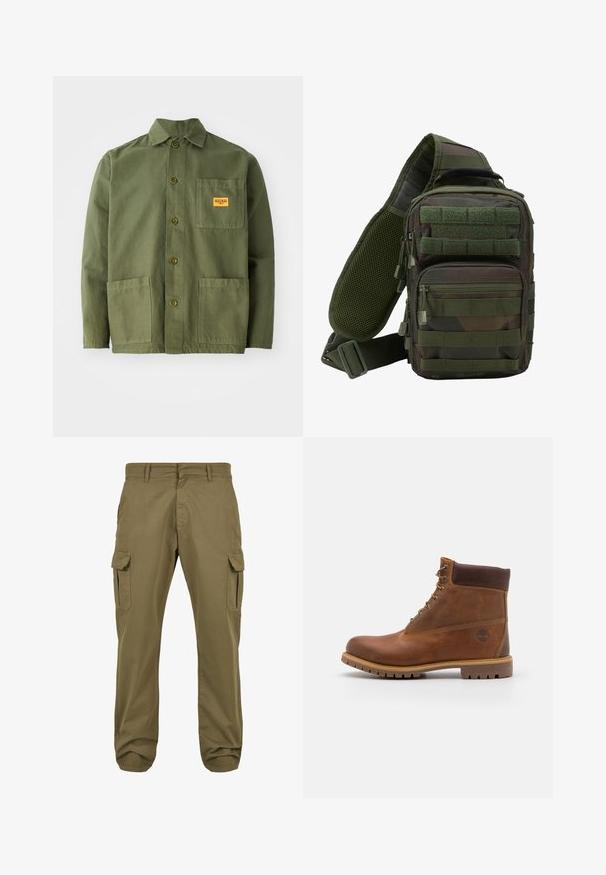 Veste verte olive en coton épais, avec un col pointu, des boutons à l'avant et deux grandes poches plaquées. Comprend un petit patch avec un logo.; Pantalons cargo verts avec une coupe droite, en coton, dotés de poches latérales et d'une fermeture à bouton pour plus de fonctionnalité. Texture lisse, design décontracté.; Botte de randonnée en cuir marron avec une finition lisse, cheville rembourrée, œillets en métal et semelle en caoutchouc dotée d'un motif de crampons robuste.; Sac à dos en bandoulière camouflage vert avec plusieurs poches zippées, une sangle réglable et un panneau arrière en mesh pour la ventilation.