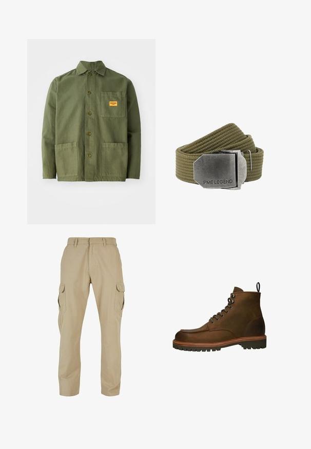 Oliven grøn jakke lavet af tung bomuld, med en spids krave, frontknapper og to store påsætningslommer. Inkluderer et lille logo patch.; Beige cargo bukser lavet af bomulds twill, med flere sidelommer, lige ben design og lynlås med bæltestropper.; Brune læder ankelstøvler med rundt tå, metal øjer og en robust gummisål. Indeholder en trækflap for nem påtagning.; Olivengrønt vævet stofbælte med en stor rektangulær børstet metal spænde indgraveret med "PME LEGEND."