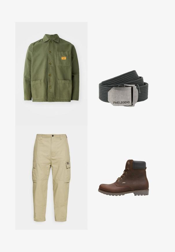 Chaqueta verde oliva de algodón pesado, con cuello puntiagudo, botones frontales y dos grandes bolsillos de parche. Incluye un pequeño parche con el logo.; Pantalones cargo beige hechos de una tela duradera, con dos bolsillos laterales, cierre de botón y piernas ajustadas con una textura suave.; Botín de cuero marrón con acentos negros, ojales metálicos, diseño de cordones, suela texturizada y detalle impermeable en el lateral.; Cinturón de tela tejida de color gris oscuro con una hebilla metálica rectangular grabada con "PME LEGEND" sobre un fondo blanco.