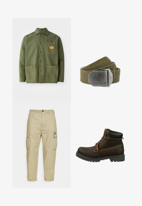 Oliven grøn jakke lavet af tung bomuld, med en spids krave, frontknapper og to store påsætningslommer. Inkluderer et lille logo patch.; Beige cargo bukser lavet af slidstærkt stof, med to sidelommer, knaplukning og smalle ben med en glat overflade.; Dockers by Gerli Snørestøvletter - schoko; Olivengrønt vævet stofbælte med en stor rektangulær børstet metal spænde indgraveret med "PME LEGEND."