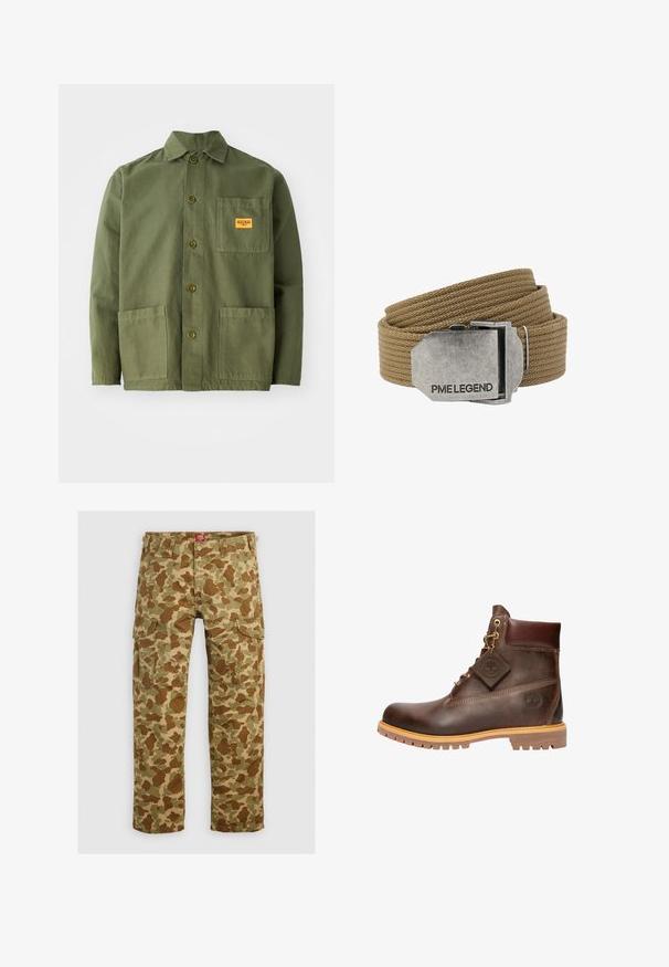 Olijfgroen jack gemaakt van zware katoen, met een puntige kraag, knopen aan de voorkant en twee grote opgestikte zakken. Inclusief een klein logo-opdruk.; Camo cargo broek in verschillende tinten groen en bruin, met meerdere zakken en een ontspannen pasvorm, gemaakt van duurzaam materiaal.; Bruine leren enkelboot met een ronde neus, stevige zool, hardware in goudkleur en een gestructureerde bovenkant. Inclusief een merklabel dat is bevestigd.; Tan geweven stoffen riem opgerold met een rechthoekige zilveren metalen gesp gegraveerd met "PME LEGEND."
