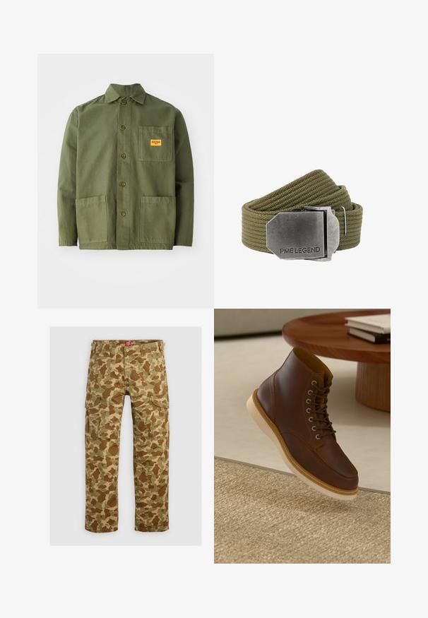 Olivgrüne Jacke aus schwerem Baumwollmaterial, mit spitzem Kragen, Knöpfen auf der Vorderseite und zwei großen aufgesetzten Taschen. Mit einem kleinen Logo-Patch versehen.; Tarnfarbe Cargo-Hose in verschiedenen Grüntönen und Brauntönen, mit mehreren Taschen und einer lockeren Passform, aus strapazierfähigem Material.; Braune Leder-Ankle-Boots mit beiger Sohle auf einem strukturierten beigen Teppich neben einem runden Holztisch mit gestapelten Büchern.; Olivgrüner gewebter Stoffgürtel mit einer großen rechteckigen gebürsteten Metallschnalle, auf der "PME LEGEND" eingraviert ist.