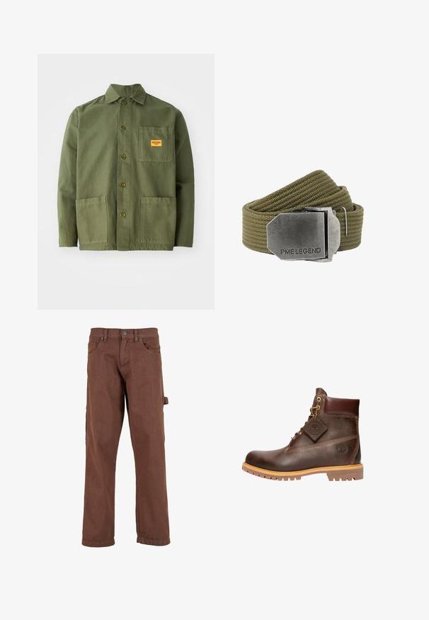 Oliven grøn jakke lavet af tung bomuld, med en spids krave, frontknapper og to store påsætningslommer. Inkluderer et lille logo patch.; Brune cargo bukser lavet af robust stof, med et lige ben-design, frontlommer og en sidelomme med klap.; Brun læder ankelstøvle med rund tå, solid sål, hardware i guldtone og en tekstureret overdel. Inkluderer et logo-tagfæstet.; Olivengrønt vævet stofbælte med en stor rektangulær børstet metal spænde indgraveret med "PME LEGEND."