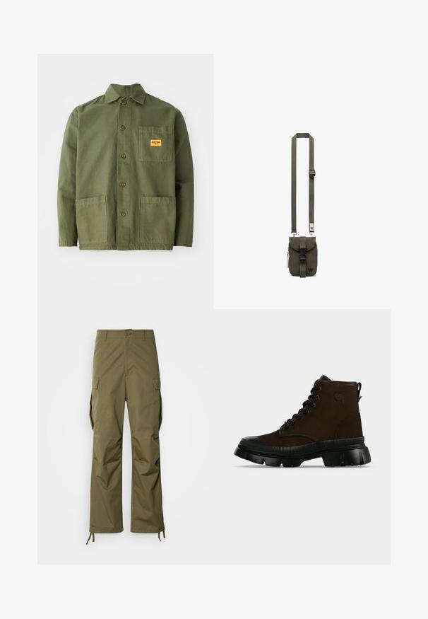 Veste verte olive en coton épais, avec un col pointu, des boutons à l'avant et deux grandes poches plaquées. Comprend un petit patch avec un logo.; Pantalons cargo vert olive en tissu durable, avec une coupe droite, des poches latérales et des lanières ajustables aux chevilles.; Botte montante marron foncé avec semelle noire épaisse, lacets noirs et bout arrondi, vue de profil sur un fond uni.; Sac bandoulière vert olive avec sangle réglable, fermeture à rabat avec boucle, poche latérale zippée et détail de logo à l'avant.