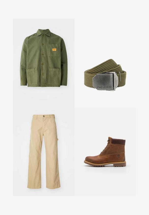 Veste verte olive en coton épais, avec un col pointu, des boutons à l'avant et deux grandes poches plaquées. Comprend un petit patch avec un logo.; Pantalons cargo larges beiges avec fermeture à bouton, dotés de poches latérales, fabriqués en coton robuste, avec une texture lisse et un design droit.; Botte de randonnée en cuir marron avec une finition lisse, cheville rembourrée, œillets en métal et semelle en caoutchouc dotée d'un motif de crampons robuste.; Ceinture en tissu tissé vert olive avec une grande boucle rectangulaire en métal brossé gravée de "PME LEGEND".