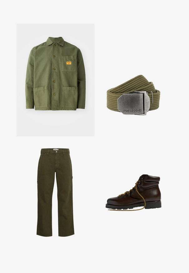 Veste verte olive en coton épais, avec un col pointu, des boutons à l'avant et deux grandes poches plaquées. Comprend un petit patch avec un logo.; Pantalons cargo larges olive en coton, avec une texture lisse, dotés de poches latérales et d'une fermeture à bouton, fabriqués en tissu durable.; Bottine de randonnée en cuir marron avec un bout arrondi, surface texturée, lacets jaunes et œillets en métal. Dotée d'une semelle en caoutchouc noir robuste.; Ceinture en tissu tissé vert olive avec une grande boucle rectangulaire en métal brossé gravée de "PME LEGEND".