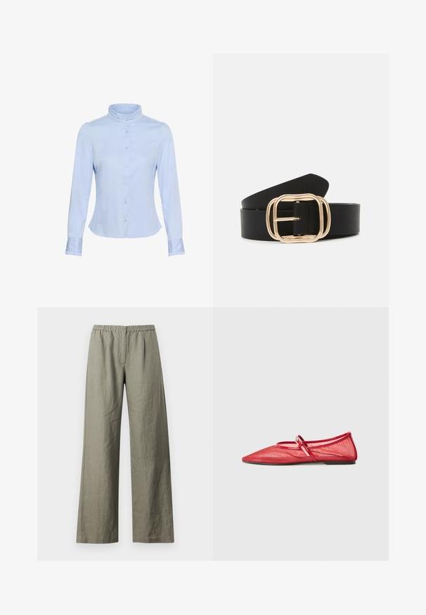 Blouse bleu clair à manches longues avec col mandarin à volants et poignets, fermeture à boutons sur le devant, et coupe cintrée.; Samsøe Samsøe SATOVE TROUSERS - Pantalon classique - vetiver; Flats de ballet en maille rouge avec un bout pointu et une sangle sur le dessus du pied. Des accents brillants améliorent le design, avec une semelle plate.; Ceinture en cuir noir avec une boucle rectangulaire en ton or aux bords arrondis, texture lisse et design élégant.