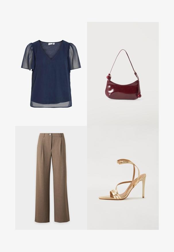 Blouse pour femme bleu marine avec col en V, manches courtes bouffantes transparentes et tissu léger offrant une apparence fluide et semi-transparente.; Pantalon marron taille haute à jambes larges avec fermeture bouton et zip et plis devant sur un fond clair uni.; Even&Odd by Zalando Sandales - gold; Petit sac à épaule rouge foncé brillant avec un bord supérieur incurvé et des perles rondes décoratives aux extrémités de la bandoulière.