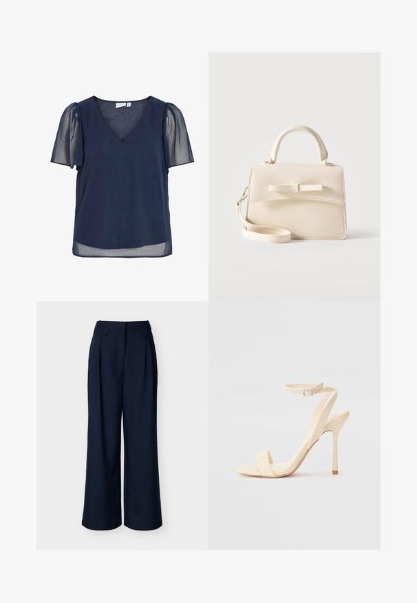 Blouse pour femme bleu marine avec col en V, manches courtes bouffantes transparentes et tissu léger offrant une apparence fluide et semi-transparente.; Pantalon large bleu marine à taille haute avec des plis avant, présenté sur un fond blanc uni.; Sandale à talon haut beige avec une sangle fine autour de la cheville et un bout carré. Matériau synthétique lisse, design minimaliste et talon aiguille.; Petit sac à main beige avec poignée supérieure, bandoulière amovible, rabat avant et nœud horizontal décoratif sur un fond uni.
