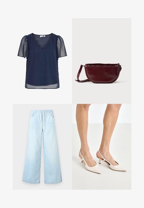 Marineblauwe damesblouse met V-hals, doorschijnende korte pofmouwen en lichtgewicht stof die een vloeiende, semi-transparante uitstraling geeft.; Lichtblauwe jeans met wijde pijpen, een elastische tailleband en een wit trekkoord, met voorzakken en een ontspannen pasvorm.; Beige gepatineerde leren slingback hakken met een spitze neus en een hak van 5 cm, met uitsparingen aan de zijkanten en een dunne enkelband.; Dieprode lederen handtas met een halve-maansvorm, een ritssluiting en een afneembare riem. Gladde textuur met een subtiele glans.