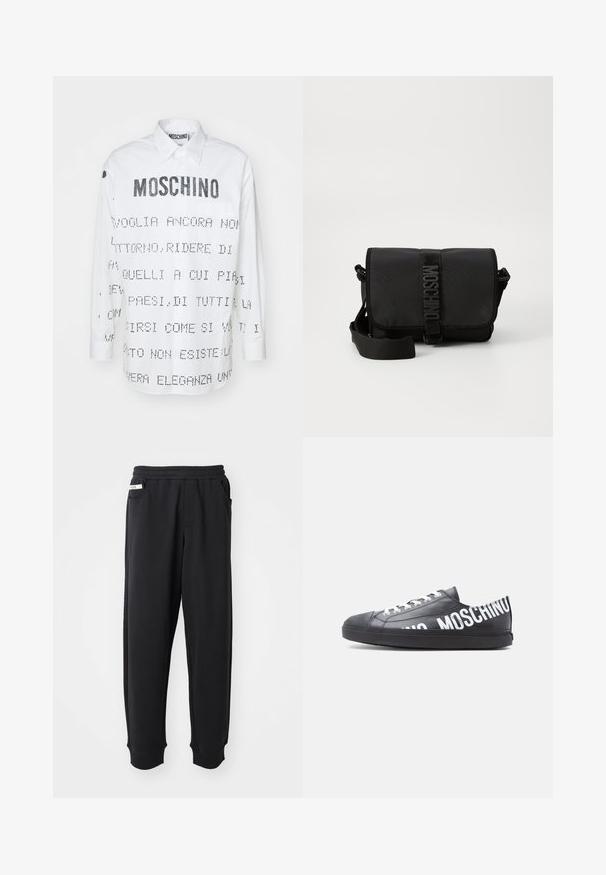 Hvid skjorte med lange ærmer og spidse krave, der har sort tekst og grafiske designs trykt på for- og bagside. Knappelukning.; Sorte sweatpants lavet af blødt stof, med elastisk talje, sidelommer og ribbede manchetter ved anklerne. Minimalistisk design.; Sort lavt snøresko med hvide snørebånd og "MOSCHINO" trykt med store hvide bogstaver langs siden og på hælen.; Sort nylon crossbody taske med en klap, prydet med en fremtrædende logo-rem lukning, justerbar rem og sidelægninger.