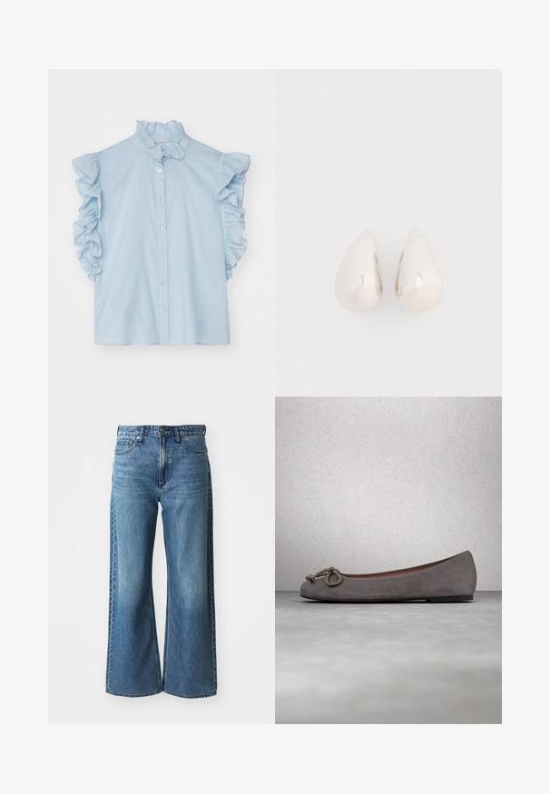 Blusa azul clara con mangas cortas con volantes, cuello mandarín y cierre frontal de botones. Tejido ligero con una textura suave.; Jeans de mezclilla azul de pierna ancha con una cinturilla de altura media, cinco bolsillos y un ligero desvanecimiento. Las características incluyen presillas para el cinturón y detalles de costura.; Bailarinas de ante gris con puntera redonda, adorno de cuerda anudada y un sutil ribete en contraste a lo largo del borde. Suela plana y flexible.; Pendientes de gota de metal plateado con una superficie suave y reflectante, en forma de lágrima, que presentan un diseño sin costuras y sin embellishments visibles.