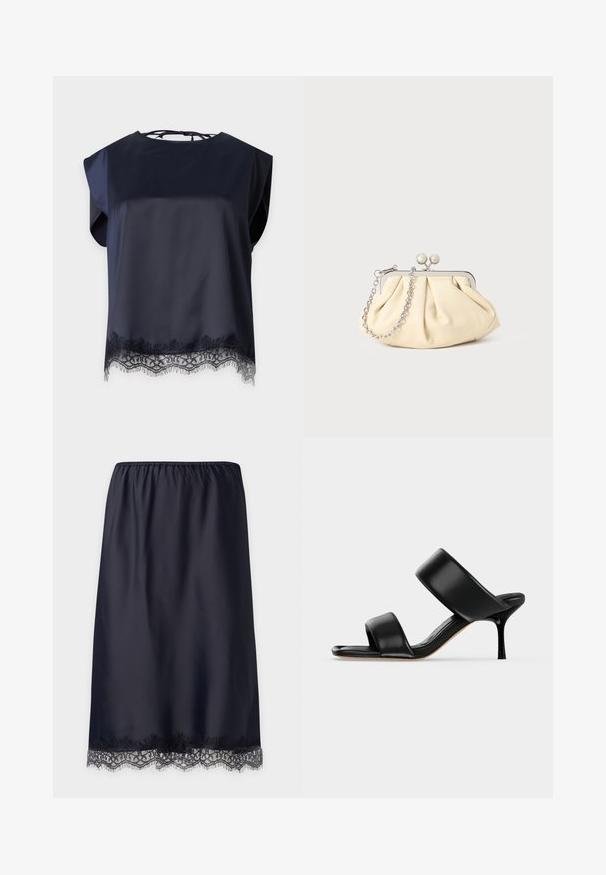 Blouse bleu marine sans manches avec un col rond, une coupe ample et une bordure en dentelle le long de l'ourlet inférieur.; Jupe mi-slip en satin noir avec ceinture élastique et bordure en dentelle à l’ourlet sur un fond uni.; Sandale mule en cuir noir avec deux larges brides et un talon stiletto fin de hauteur moyenne sur un fond clair uni.; Pochette en cuir beige plissé avec un cadre en métal argenté, dotée de deux fermoirs ronds décoratifs et d'une chaîne en argent.