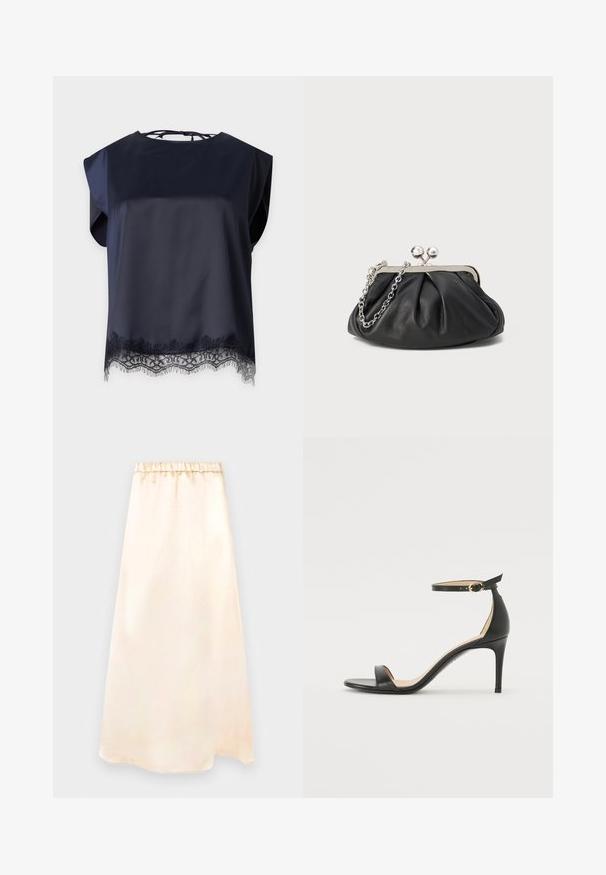 Blouse bleu marine sans manches avec un col rond, une coupe ample et une bordure en dentelle le long de l'ourlet inférieur.; Longue jupe en satin couleur crème avec taille élastique et motif floral subtil, présentée à plat sur un fond neutre.; Sandale à talons hauts en cuir noir avec une lanière de cheville. Présente une texture lisse, un bout ouvert et un talon fin. Détail de boucle en ton doré.; Porte-monnaie en cuir noir avec texture froncée, cadre en métal argenté, fermeture à verrouillage kiss-lock et bandoulière en chaîne. Surface lisse et douce.