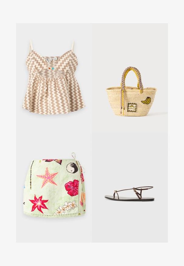 Top sans manches beige et marron à motif zigzag avec fines bretelles et petites perles colorées à l'encolure avant.; Jupe portefeuille vert clair avec lien sur le côté, ornée d’imprimés d’étoiles de mer roses, de fleurs d’hibiscus rouges, de plumerias blancs et du symbole yin-yang.; Sandale en cuir marron avec des fines lanières, un accent circulaire doré et une semelle plate. Design minimaliste avec un détail de boucle réglable.; Sac cabas en paille tissée avec des anses tressées jaunes et beige, décoré d'un patch banane et d'un petit motif poisson encadré à l'avant.