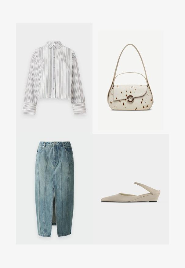 Langærmet cropped skjorte med brune og hvide lodrette striber, knaplukning foran, krave og brystlomme.; Copenhagen Muse JEANNE SKIRT - Denimnederdele - medium dirty washed denim; Beige lav kilehæl slingback sko med spids tå og glat mat finish, vist i sideprofil på hvid baggrund.; Kremfarvet håndtaske med brune prikker, buet klap med rund metalspænde, med to tynde stropper, hvoraf den ene er længere til skulderbrug.