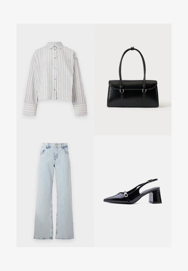 Chemisier court à manches longues avec des rayures verticales marron et blanches, devant boutonné, col et poche poitrine.; Jeans large bleu clair en denim, avec une taille haute, des passants de ceinture, cinq poches et des zones décolorées pour un aspect vintage.; Escarpin à bride arrière en cuir verni noir, bout pointu, petit talon bloc bas, avec deux petites boucles argentées sur les brides.; Sac à main rectangulaire en cuir noir avec fermeture à rabat et deux longues anses sur fond blanc uni.