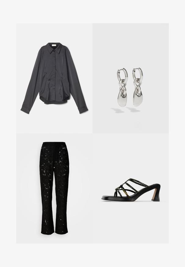 Sara Battaglia PUFF SLEEVE - Πουκαμίσα με κουμπιά - black; Μαύροι lace παντελόνες με floral σχέδιο, σε σχεδίαση πλατύ ποδιού και λείο ύφασμα. Διαθέτουν ζώνη στη μέση και ρέουσα σιλουέτα.; Μαύρο ανοιχτό πέδιλο με τακούνι, λεπτά πράσινο-μαύρα σταυρωτά λουράκια και φουσκωμένη μπλοκ φτέρνα σε λευκό φόντο.; Ασημένια σκουλαρίκια κρίκων με παρατεταμένες οβάλ συνδέσεις, που διαθέτουν λείο φινίρισμα και υφασμένη κρεμαστή πεντάλ. Απλός σχεδιασμός με λείες άκρες.