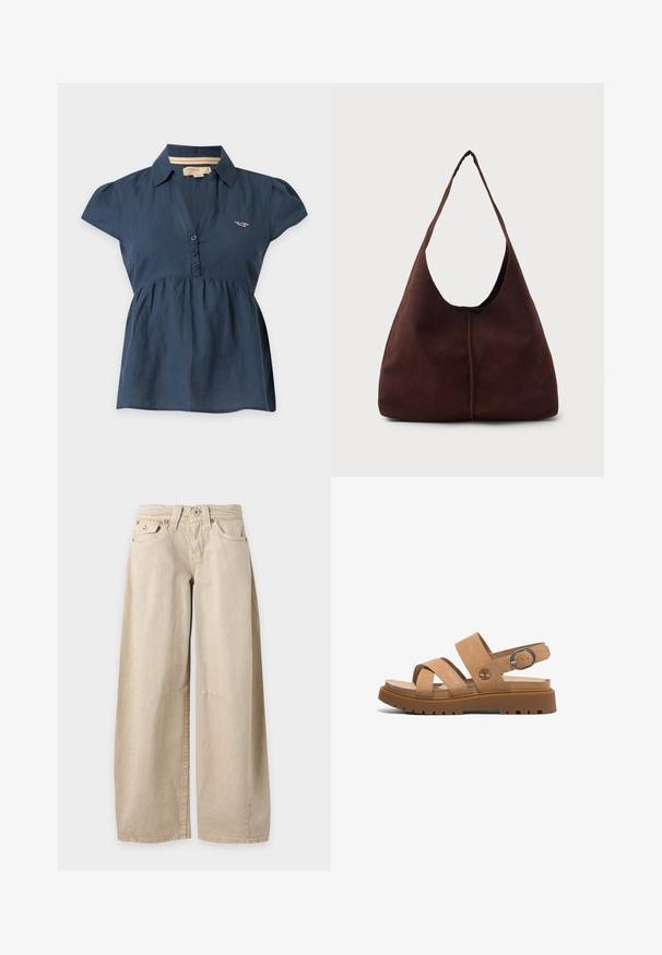 Blusa azul marino de mujer con mangas cortas, cuello, tres botones en la parte delantera y un pequeño logo bordado en el pecho.; Vaqueros beige de pierna ancha con cinco bolsillos y costuras visibles en las rodillas, mostrados extendidos sobre un fondo liso gris claro.; Sandalias de cuero marrón con dos correas anchas, una correa trasera con un hebilla de metal y una suela de goma gruesa con un patrón texturizado.; Bolso hobo de ante marrón con una gran apertura curvada y una amplia correa para el hombro. Presenta una costura centrada en la parte frontal. Textura suave.