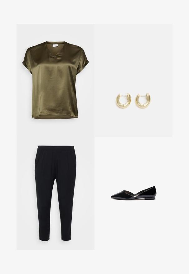 Blouse vert olive à manches courtes avec un col en V. Fabriquée dans un tissu lisse et soyeux, avec une coupe droite et des poignets de manches roulés.; Pantalon noir avec une coupe décontractée, taille élastique et plis discrets. Fabriqué dans un tissu doux, avec des jambes fuselées et sans poches.; Ballerines en cuir verni noir à bout pointu avec un dessus en V, un talon plat et mince, et une texture lisse. Design minimaliste sans quincaillerie visible.; Boucles d'oreilles en or avec une finition lisse et polie. Doté d'une forme en demi-cercle et d'une fermeture à tige sécurisée.