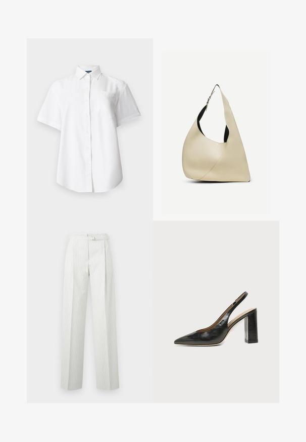 Chemise blanche à manches courtes avec col et poche poitrine, présentée sur un fond clair uni.; Pantalon blanc taille haute avec de fines rayures noires verticales et une ceinture fine à la taille, coupe droite.; Chaussure slingback en cuir noir à bout pointu avec un talon bloc haut et une doublure intérieure beige sur un fond clair uni.; Sac à bandoulière en cuir lisse couleur crème, de forme triangulaire arrondie, avec une sangle réglable et une boucle en argent.