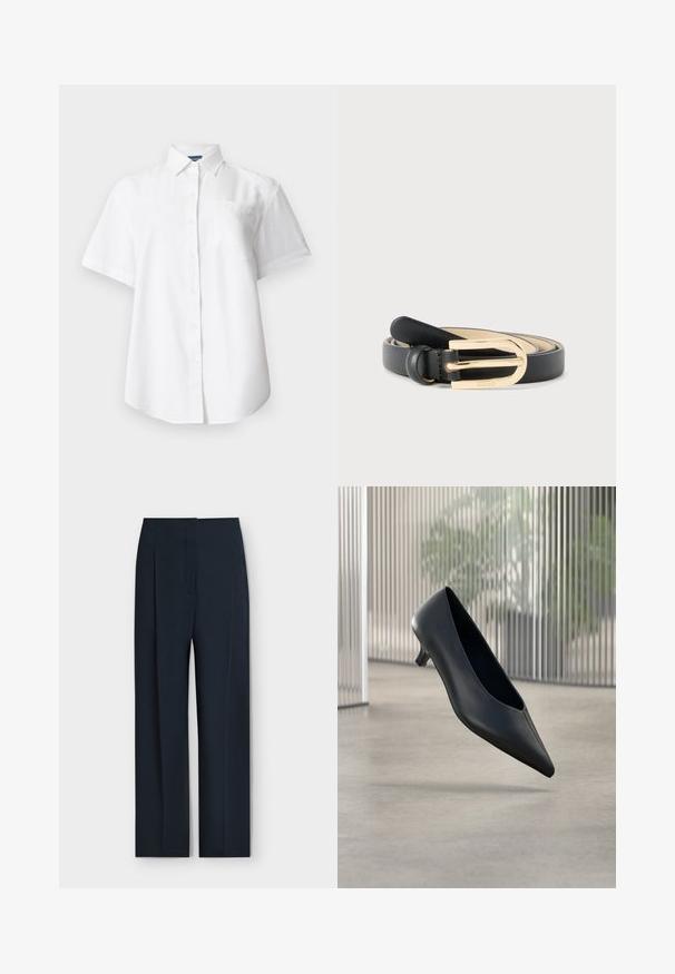 Chemise blanche à manches courtes avec col et poche poitrine, présentée sur un fond clair uni.; Pantalon formel bleu marine foncé à coupe droite, plis devant et poches latérales, présenté sur un fond clair uni.; Chaussure noire à talon kitten à bout pointu flottant au-dessus d'un sol en béton lisse avec des panneaux translucides verticaux en arrière-plan.; Ceinture en cuir noir roulée avec une boucle dorée en forme de D gravée "HUGO" sur un fond clair uni.