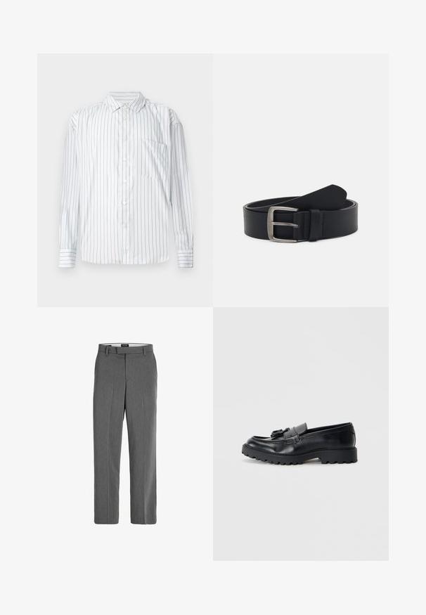 Chemise à manches longues avec boutons en blanc, dotée de fines rayures verticales rouges, texture douce, col pointu et une poche sur la poitrine gauche.; Pantalon gris avec une texture lisse, une coupe droite et un motif vertical subtil. Comprend des passants de ceinture et des poches avant et arrière.; Mocassins en cuir noir avec une finition brillante, semelle en caoutchouc épaisse et détail de frange décoratif à l'avant.; Ceinture en cuir noir avec une boucle en métal argenté, présentant une finition lisse et un design classique. La ceinture est enroulée avec l'extrémité pointée.