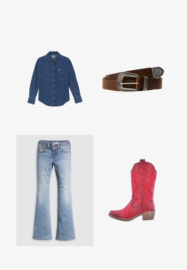 Wrangler LONG SLEEVE WESTERN FOR REGULAR FIT - Hemdbluse - dark wash; Hellblaue Schlagjeans aus Denim. Verfügt über einen Knopfverschluss, fünf Taschen und eine ausgewaschene Textur mit nahtlosen Säumen.; Rote Leder-Cowboystiefel mit kunstvollen geprägten Blumenmustern, spitzer Zehenform und einem gestapelten Holzabsatz. Glatte Textur mit matter Oberfläche.; Brauner Leder Gürtel mit einer kunstvollen silbernen Schnalle, die gravierte Designs aufweist. Das Leder hat eine glatte Textur mit einer polierten Oberfläche.