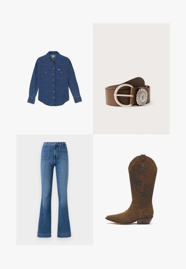 Wrangler LONG SLEEVE WESTERN FOR REGULAR FIT - Blusa - dark wash; Jeans acampanados de color azul hechos de mezclilla con una cintura de altura media, que cuentan con dos bolsillos traseros y un dobladillo limpio. Textura suave y diseño clásico.; Bota de vaquero de ante marrón con punta puntiaguda, tacón bajo apilado, patrón decorativo de dragón negro y caballo, y detalles de remaches en el borde superior.; Cinturón de cuero marrón con hebilla redonda grande de plata y concho de plata ornamentado con diseño floral y centro turquesa, enrollado sobre fondo liso.