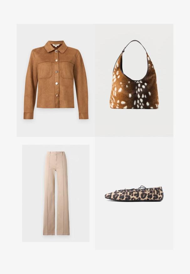 Veste en daim marron à boutons avec col, deux poches poitrine et manches longues, présentée sur un fond gris clair uni.; Pantalon large taille haute beige avec coutures avant, passants de ceinture et fermeture éclair, sur un fond uni.; Chaussure plate en tissu imprimé léopard, lacets noirs passant à travers des œillets en métal, et semelle en caoutchouc flexible sur fond blanc.; Sac à main marron et noir avec une texture en fourrure blanche tachetée, doté d'une seule bandoulière noire, sur un fond uni.