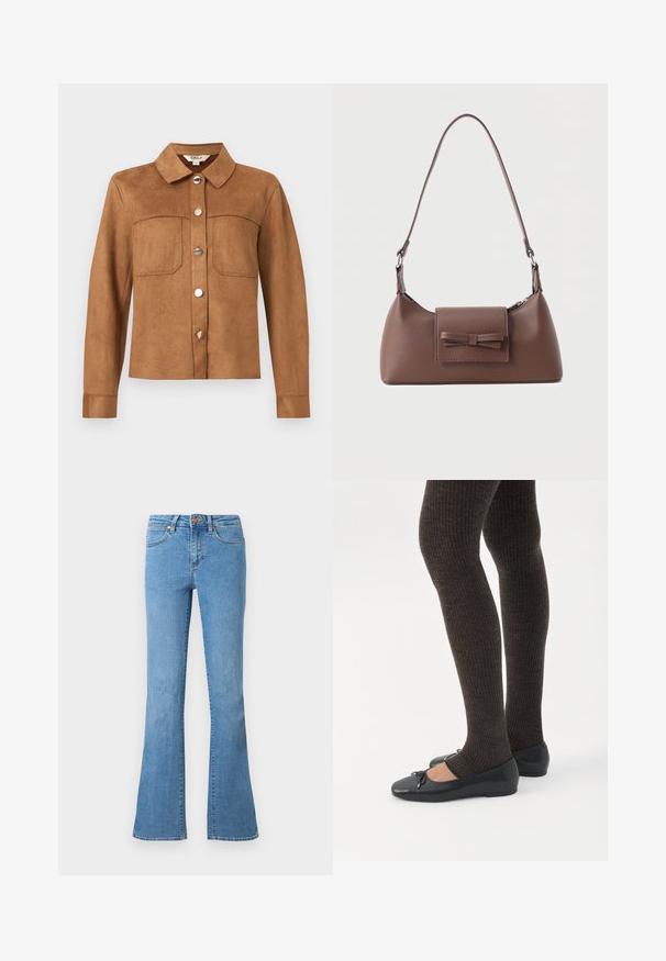 Veste en daim marron à boutons avec col, deux poches poitrine et manches longues, présentée sur un fond gris clair uni.; Jean en denim bleu clair avec une taille mi-haute, cinq poches, fermeture par bouton et fermeture éclair, et des bas légèrement évasés.; Jambes portant des leggings côtelés foncés associés à des ballerines noires avec de petits détails en nœud sur fond blanc.; Sac à bandoulière en cuir marron avec une poche à rabat avant ornée d'un détail en forme de nœud cousu et une sangle réglable.