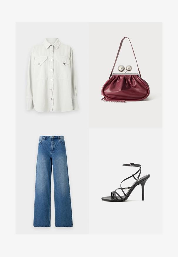 Witte blouse met lange mouwen, twee borstflapzakken en metalen drukknopen, getoond op een effen achtergrond.; Wijduitlopende jeans van blauwe denim. Heeft een hoge taille, vijf zakken en een sluiting met een knoop aan de voorkant. Glad textuur met lichte vervaging.; Zwarte hoge hakken sandaal met dunne banden, een enkelgesp, een gladleren oppervlak en een slanke stilettohak.; Kleine bordeaux leren handtas met geplooide details, een dunne band en een zilveren sluiting met twee grote ronde knoppen.