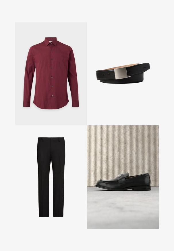 Heren lange mouwen overhemd met knopen in een effen bordeauxkleur met een klassieke kraag, afgebeeld op een eenvoudige lichte achtergrond.; Zwarte formele broek met ceintuurlussen, vouw in de voornaad en rechte pijpen op een witte achtergrond.; Zwarte leren loafer met een metalen merktekenplaatje, rustend bij een bruine ronde tafel op een beige tapijtvloer.; Zwarte leren riem met een vierkante zilveren gesp gegraveerd met een klein Calvin Klein-logo op een witte achtergrond.
