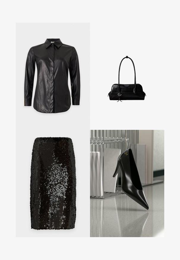 Camisa negra de manga larga de cuero sintético con cuello puntiagudo y tapeta de botones oculta, mostrada sobre un fondo liso.; Falda lápiz de lentejuelas negras con un diseño ajustado. Presenta lentejuelas densas y reflectantes que crean una superficie texturizada. Forro interior suave.; Zapato de tacón alto negro con punta afilada y logo dorado, colocado sobre una superficie reflectante cerca de un organizador de archivos de alambre cromado con documentos.; Bolso de hombro negro de cuero con textura de cocodrilo, con correas largas y un pequeño colgante de logo plateado en una correa.