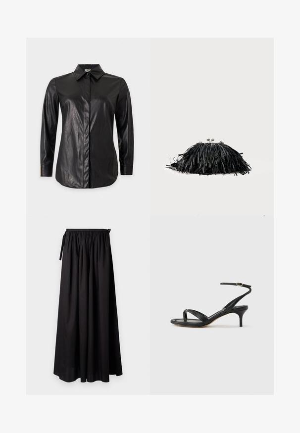 Black long-sleeve faux leather shirt with pointed collar and concealed button placket, shown on a plain background.; Black maxi skirt made of lightweight fabric, featuring an elastic waistband with ties, and a flowy design with a smooth texture.; Black leather women's sandal with thin straps, a toe loop, ankle buckle, and a mid-height stiletto heel on a neutral background.; Black fringed clutch bag with silver clasp closure and chain strap on a plain light background.