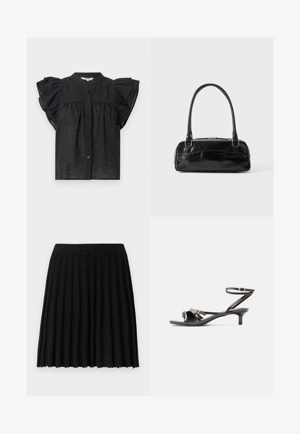 Zwarte blouse met korte mouwen met ruches, knoopsluiting aan de voorkant, geplooide details onder de borst en een ronde halslijn.; Vero Moda Knitted VMMARINA Short - Minirok - black; Zwarte lakleren sandaal met dunne bandjes, een klein kittenhakje en verstelbare enkelgesp.; Zwarte leren handtas met een rechthoekige vorm, voorzien van een enkele gestructureerde handgreep, zilveren hardware en ritsluiting. Gladde textuur.