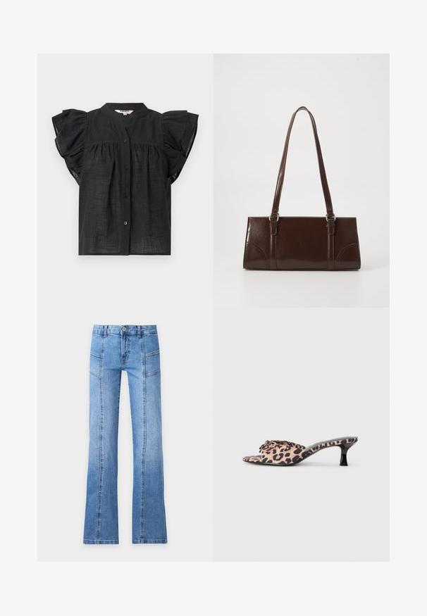 Blouse noire à manches courtes avec manches volantées, fermeture boutonnée devant, détails plissés sous la poitrine et encolure ronde.; Jean en denim bleu clair avec taille haute, bouton devant, fermeture éclair, détails de coutures et jambes légèrement évasées sur un fond uni.; Mules en imprimé léopard avec un petit talon aiguille noir. Tige en tissu doux avec un détail de nœud à l'avant et une semelle plate lisse.; Sac à main en cuir verni marron de forme rectangulaire, avec deux longues poignées et des accents courbés subtils à l'avant.