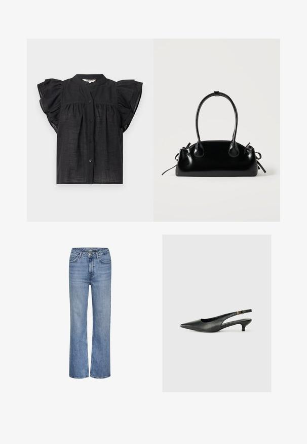 Zwarte blouse met korte mouwen met ruches, knoopsluiting aan de voorkant, geplooide details onder de borst en een ronde halslijn.; Blauwe high-waisted straight-leg denim jeans met een knoop sluiting aan de voorkant, ritssluiting en vijf-pocket ontwerp.; Zwarte puntschoen met slingback van soepel leer. Kenmerkt zich door een dunne hak en een gespdetail op de verstelbare band.; Kleine zwarte glanzende handtas met twee lange hengsels en zijkant trekkoord details op een effen lichte achtergrond.