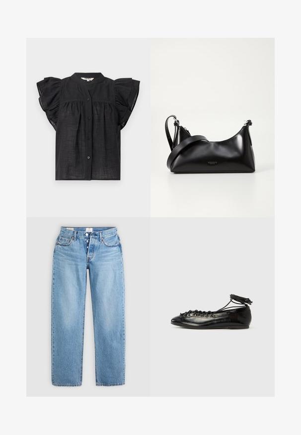 Zwarte blouse met korte mouwen met ruches, knoopsluiting aan de voorkant, geplooide details onder de borst en een ronde halslijn.; Lichtblauwe spijkerbroek met een recht model, vijf zakken en een knoopsluiting. Heeft gestikte details en een nette zoom.; Zwarte ballerina's van lakleer met een afgeronde neus, veterdesign en een platte zool. Glad oppervlak met minimale details.; Zwarte leren handtas met een gladde textuur. Beschikt over een verstelbare schouderband en een strak, minimalistisch ontwerp met een ritssluiting.