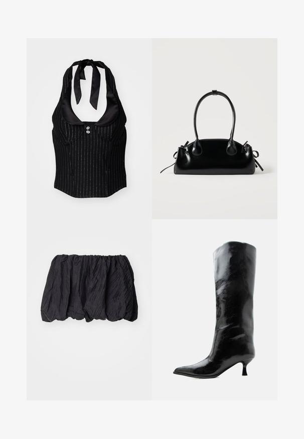 Sort halterneck top med satin-krave, stikleret design, frontknapper og tætsiddende form. Har bånd bag på nakken.; Sort, krøllet stoftop med elastisk talje, der har en struktureret overflade og sammensunket design for en voluminøs form.; Sort skinnende knæhøj læderstøvle med spids tå og lav buet hæl på en ensfarvet lys baggrund.; Lille sort blank håndtaske med to lange håndtag og snøre-detaljer i siden på en ensfarvet lys baggrund.