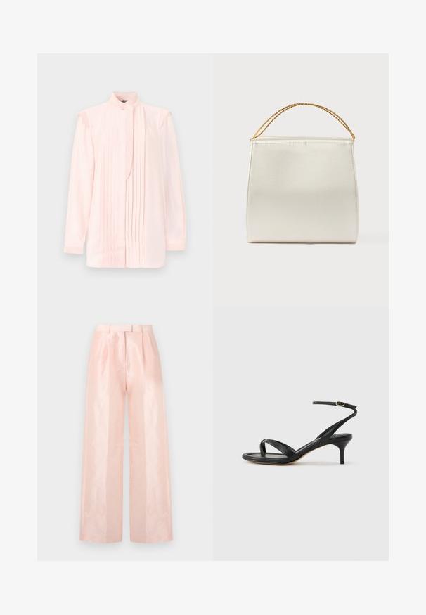Blouse rose clair à manches longues avec des plis verticaux sur le devant, col haut avec bouton, et des détails subtils de fronces aux épaules.; Pantalons à taille haute ample de couleur rose clair, présentant une texture lisse et brillante, des plis à l'avant et une ceinture assortie.; Sandale pour femme en cuir noir avec fines lanières, une boucle d'orteil, une boucle à la cheville et un talon aiguille de hauteur moyenne sur un fond neutre.; Sac à main structuré en finition satinée, de couleur crème, avec une bandoulière chaîne. Présente une texture plate et lisse ainsi que des coutures nettes.