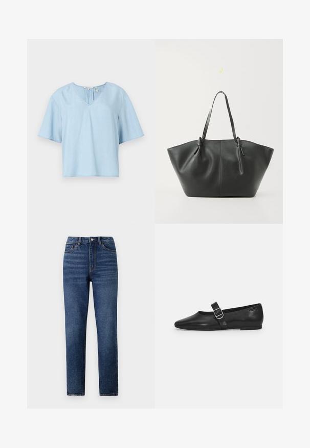 Lysblå kortærmet top lavet af blødt stof. Har en V-halsdesignet, afslappet form og synlige stikninger i kanten.; Højtaljede blå denimjeans med lige ben, der har subtil slidmærkning, enkelt knaplukning og fem-lomme design.; Sorte læder flade sko med rund tå, et enkelt justerbart spænde og en glat, blank overflade. Minimalistisk design med en lav hæl.; Vero Moda VMDITTA - Shopping bags - black