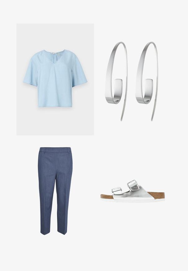 Top de manga corta azul claro hecho de una tela suave. Presenta un diseño de cuello en V, una forma relajada y costuras visibles en el dobladillo.; Pantalones a medida de tela azul oscura con una sutil textura. Presentan un frente plano, piernas rectas y una cintura de altura media. Sin bolsillos visibles.; Sandalia metálica plateada con dos correas ajustables, planta de corcho y suela blanca. Superficie superior suave con un acabado brillante.; Pendientes de aro de plata con un diseño elegante y alargado. Elaborados en metal pulido, presentan una textura suave y un estilo minimalista.
