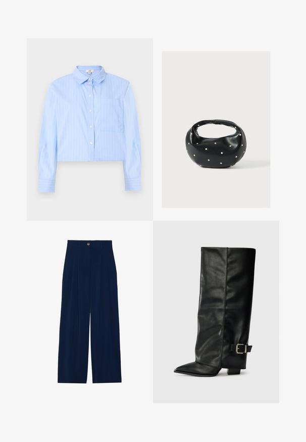 Chemise courte bleu clair à rayures verticales blanches fines, manches longues, col et poche poitrine.; Pantalons larges bleu marine en matériau doux, avec des plis avant, une fermeture à bouton et deux poches latérales.; Bottes noires en cuir longueur cheville avec un bout pointu, texture lisse et une accent en boucle argentée sur le côté. Talon carré épais.; Sac à main en cuir noir de forme arrondie, décoré de clous argentés et équipé d'une poignée courte. Texture lisse et fermeture éclair.