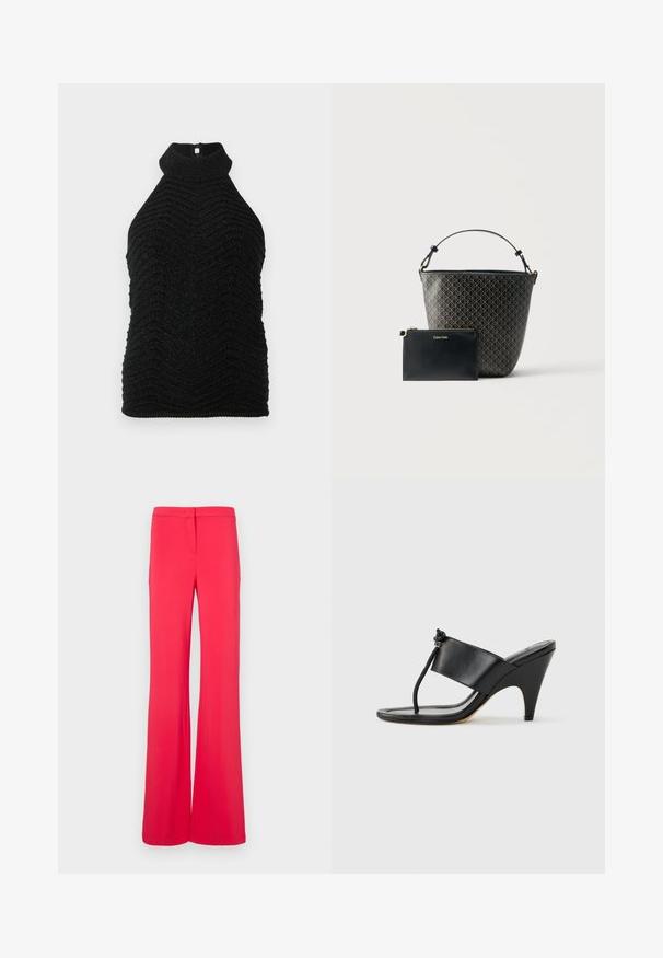 Haut sans manches noir en tricot à col roulé avec un motif en chevron texturé et un subtil éclat, posé à plat sur un fond blanc.; Pantalons larges de couleur rose vif, fabriqués à partir d'un tissu lisse et léger. La taille est dotée d'une fermeture par bouton et d'un design à l'avant plat.; Sandale noire à talon haut avec une large bride avant et une boucle d'orteil dotée d'un détail de corde nouée, vue de profil sur fond blanc.; Sac seau noir avec motif géométrique clair et pochette noire assortie avec fermeture éclair dorée et logo Calvin Klein, sur fond blanc.