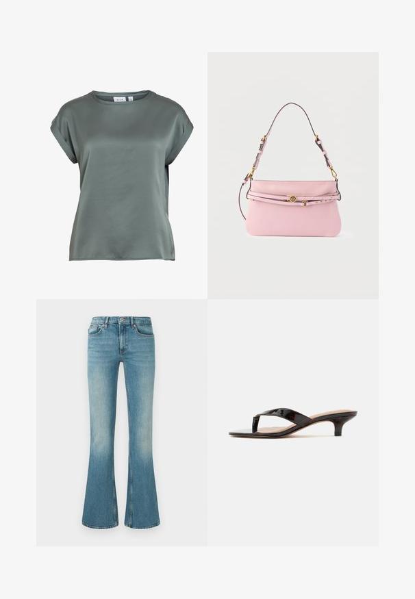 Kortærmet satinbluse i dæmpet grøn med rund halsudskæring og foldede ærmekanter, mærke synligt inde i kraven.; Udsvingede blå denimjeans med lys vask, fem lommer, broderede detaljer og en talje med knap- og lynlås lukning.; Blank mørk skildpadde-sandale med kitten heel, thong-style stropper og lille buet hæl på ensfarvet baggrund.; Blød lyserød lædertaske med justerbar skulderrem og tyndt dekorativt bælte med guldtonet spænde og nitter.