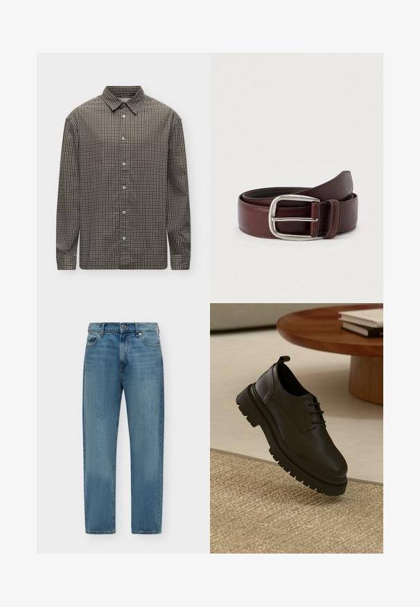 Chemise à manches longues boutonnée avec motif à carreaux noir et blanc et col classique sur fond blanc.; Jean en denim bleu à coupe droite avec poches avant, passants pour ceinture et fermeture par bouton, présenté sur un fond clair uni.; Chaussure en cuir noir avec une surface texturée, bout rond, design à lacets et semelle en caoutchouc noir épaisse. Flottant au-dessus d'un tapis tissé.; Ceinture en cuir marron avec une finition texturée, dotée d'une boucle en métal argenté et d'une seule boucle de réglage. Motif tissé près de la boucle.