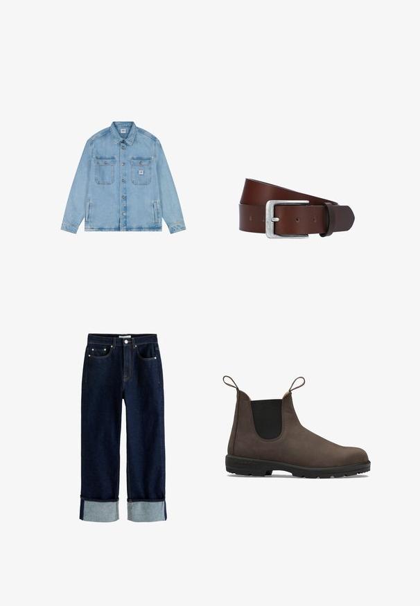 Hellblaue Jeansjacke mit Knopfleiste, zwei Brustklappentaschen mit Knöpfen, zwei seitlichen Taschen und einem kleinen Lee-Logo-Patch auf der rechten Brusttasche.; Dunkelblaue Denim-Jeans mit umgekrempelten Säumen, Fünf-Taschen-Stil, sichtbaren Nähten und Knopfverschluss an der Taille.; Braune Leder-Chelsea-Boots mit elastischen Seitenpanelen, Ziehlaschen und einer Gummisohle, die für Langlebigkeit und einfachen Tragekomfort entwickelt wurden.; Brauner Ledergürtel mit einer silbernen rechteckigen Schnalle, glatter Textur, vier Gürtelöffnungen und einem verjüngten Ende.