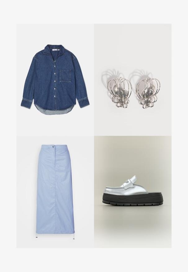 Donkerblauwe denimshirt met een kraag, knoopsluitingen, één borstzak en lange mouwen met een afgeronde zoom. Zachte textuur.; Lichtblauwe, middellange rok van soepel, lichtgewicht materiaal met een rechte snit, beschikt over een sluiting met knopen aan de voorkant en een koord in de zoom.; Zilverkleurige leren instapschoen met dikke zwarte rubberen zool en grof profiel, zijaanzicht op een neutrale achtergrond.; Een paar zilveren metalen oorbellen met een open draadkooi-ontwerp en gladde centrale ovale vormen die gebogen schaduwen werpen op een witte achtergrond.